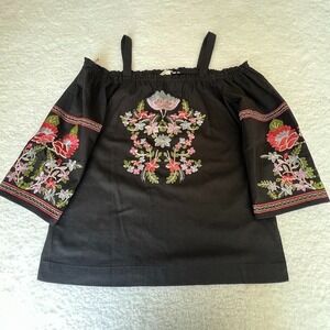 Boho Embroidered Peasant Blouse Black Floral Off Shoulder Cottagecore Top L
